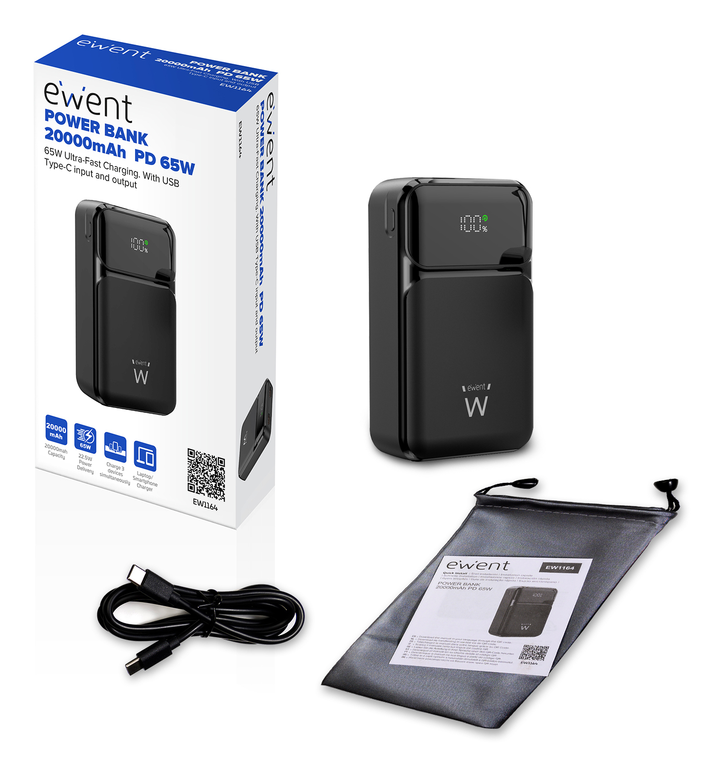 Ewent - Powerbank Ewent EW1164 20000mAh PD 65W Fast Charging Preta