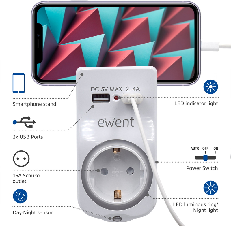 Ewent - Carregador de Tomada Ewent USB 4 em 1 2.4A (12W) c/Shuko