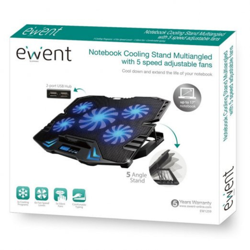 Ewent - Cooler de Portátil Ewent com 5 Ventoinhas Silenciosas até 17" + 2 USB