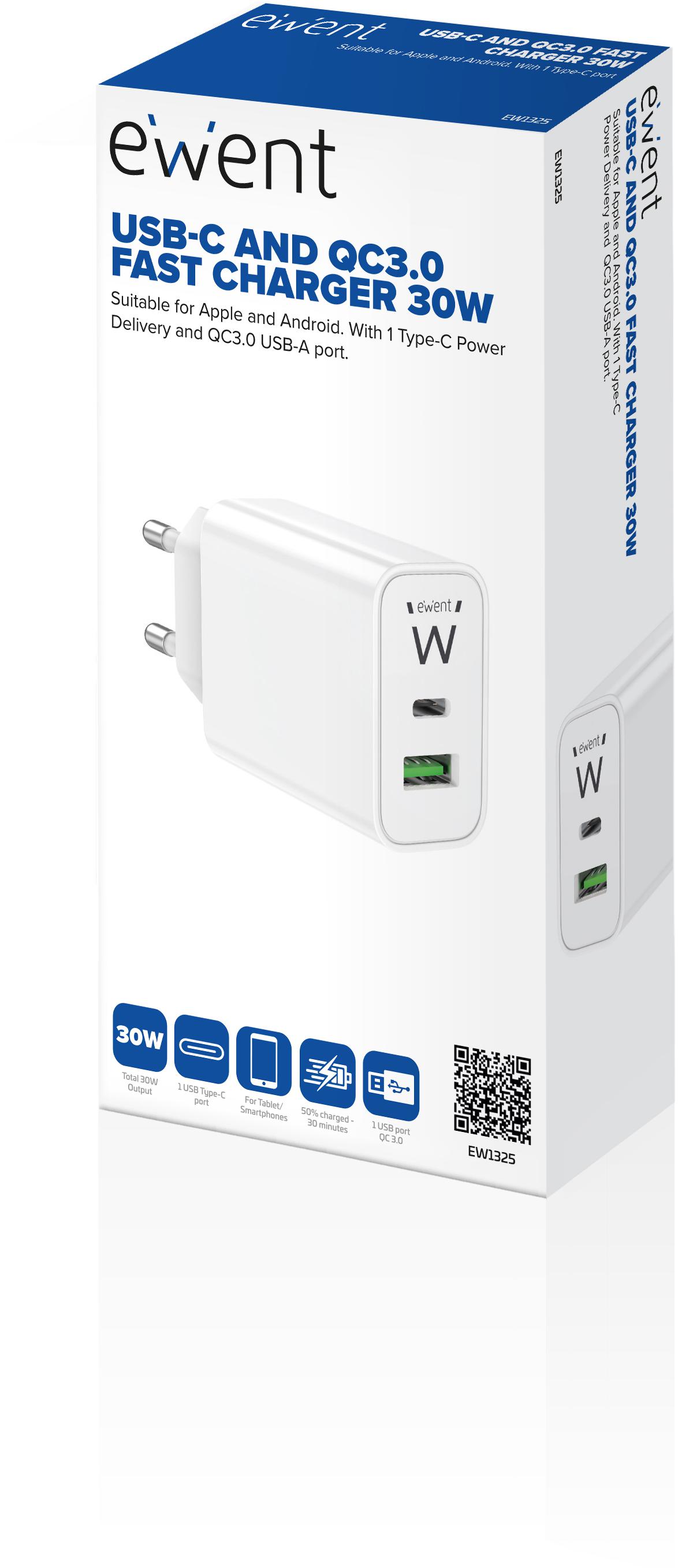 Ewent - Carregador Ewent USB-C/USB-A 30W QC 3.0 Branco