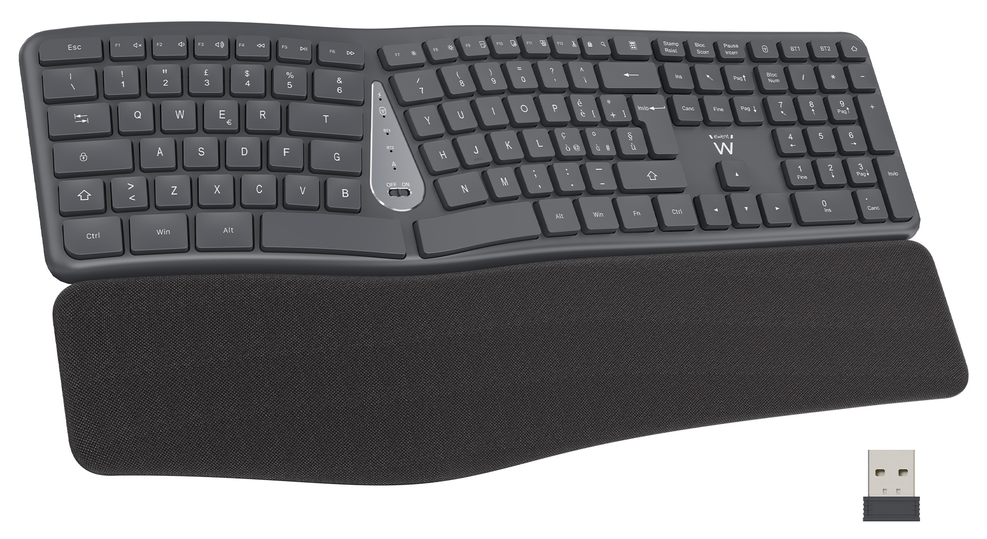 Ewent - Teclado Ewent EW3290 Ergonómico Multimodo Bluetooth/2.4Ghz Wireless PT Preto