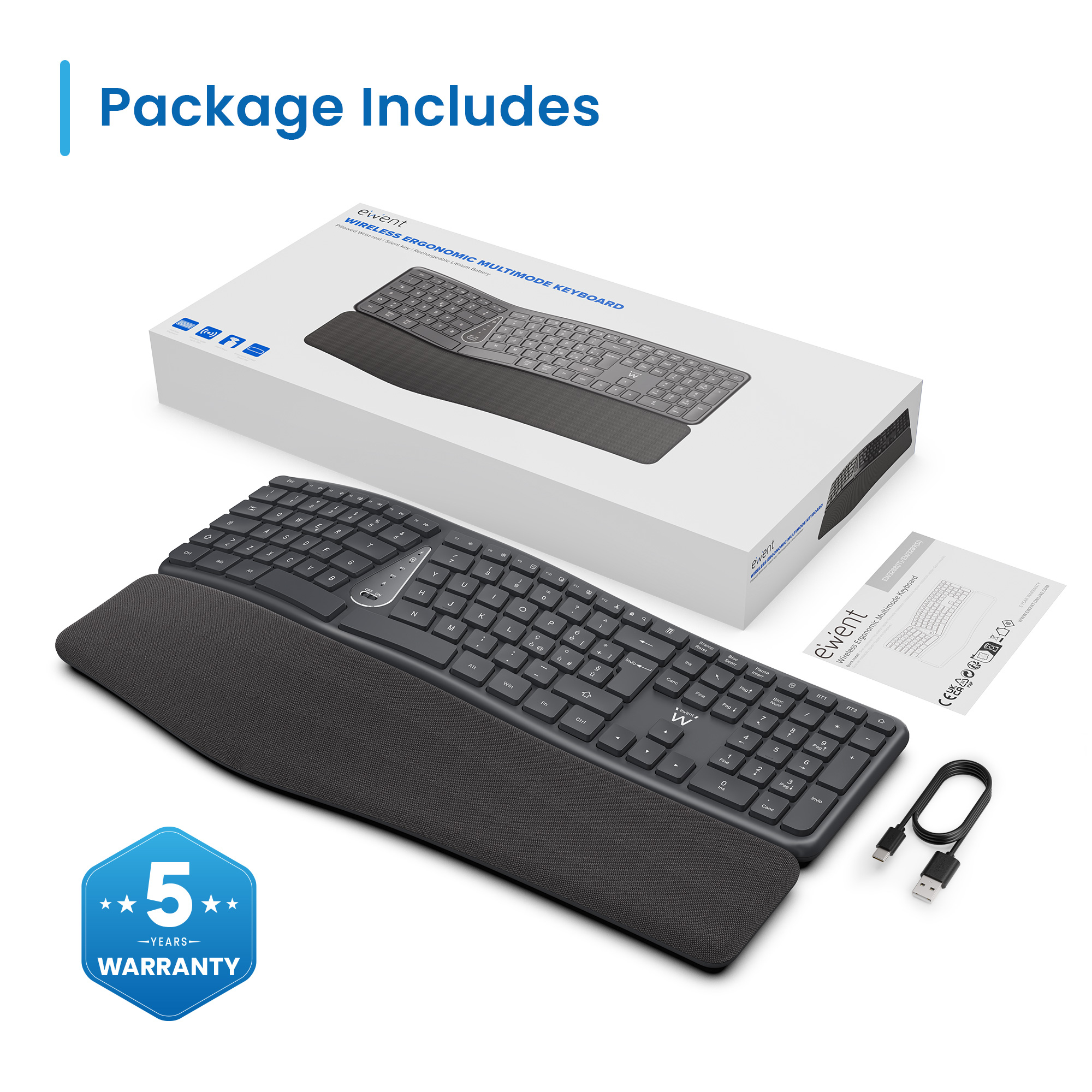 Ewent - Teclado Ewent EW3290 Ergonómico Multimodo Bluetooth/2.4Ghz Wireless PT Preto