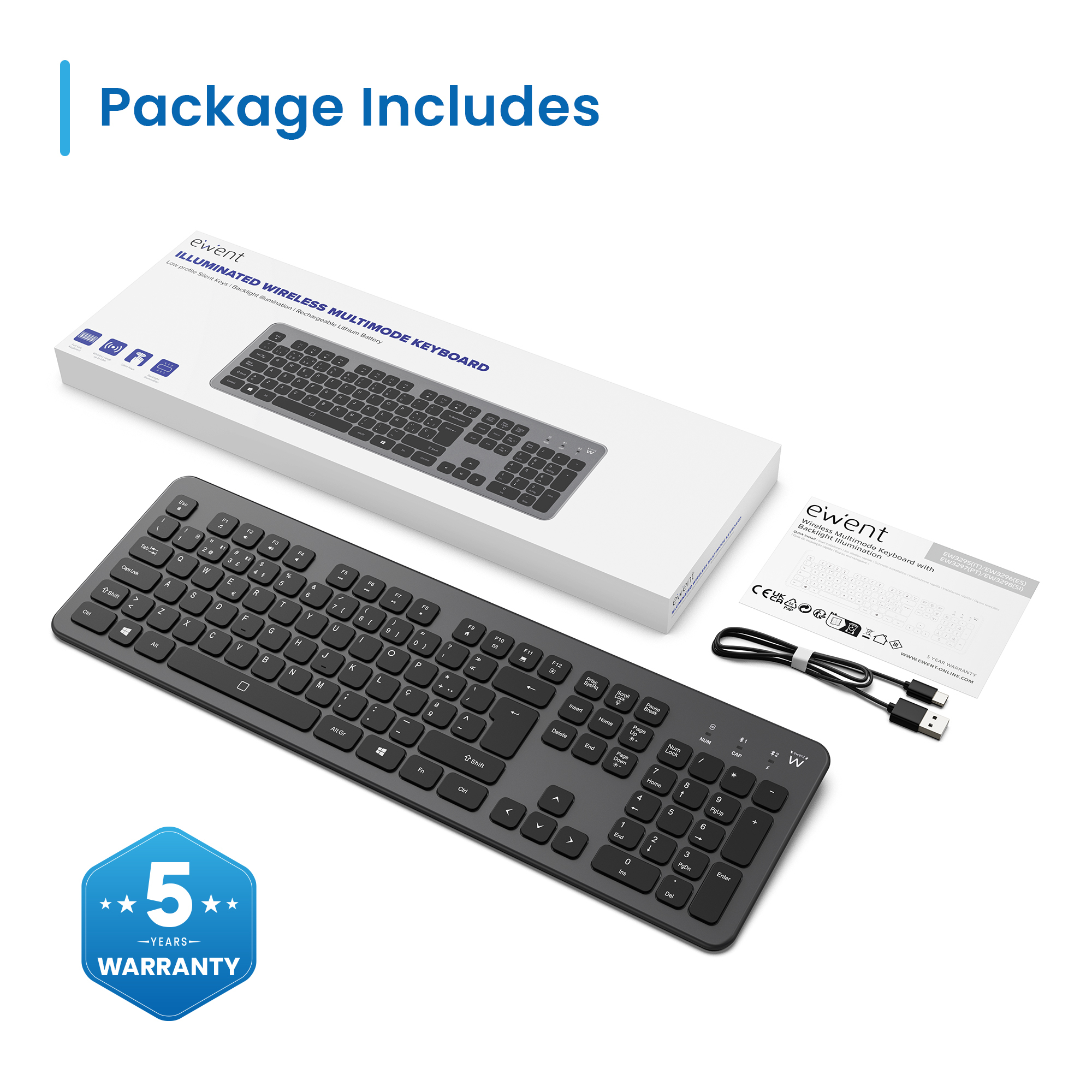 Ewent - Teclado Ewent EW3297 Illuminated Wireless Multimode Bluetooth/2.4Ghz Wireless PT Preto