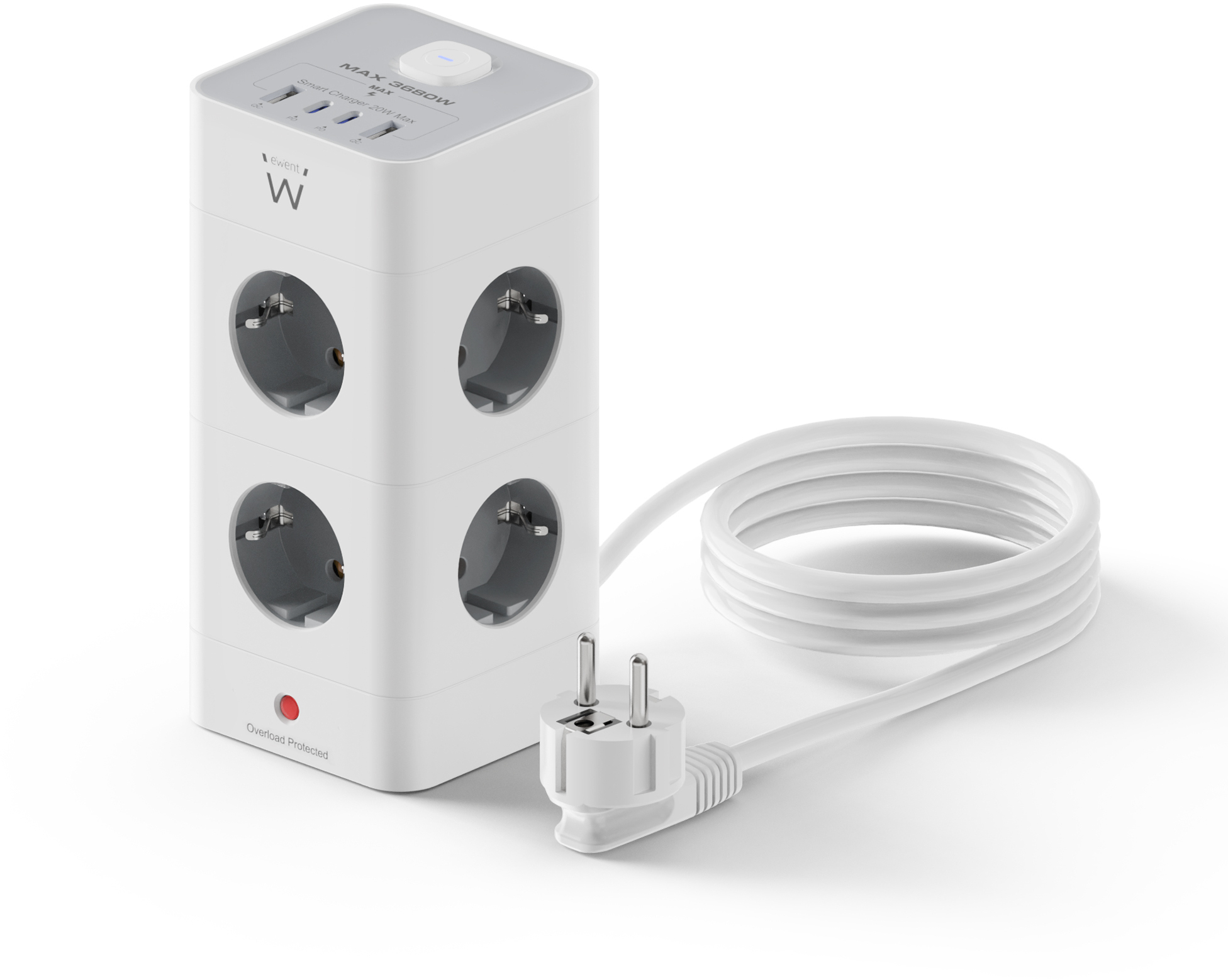 Picture of Picture of Bloco Tomada Ewent EW3864 Power Tower 8 Tomadas Schuko 16A + 2 USB-A + 2 USB-C 2m Branca/Cinza