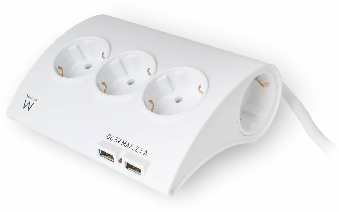 Ewent - Régua Ewent 5 Tomadas + 2 Portas USB 16A Branco