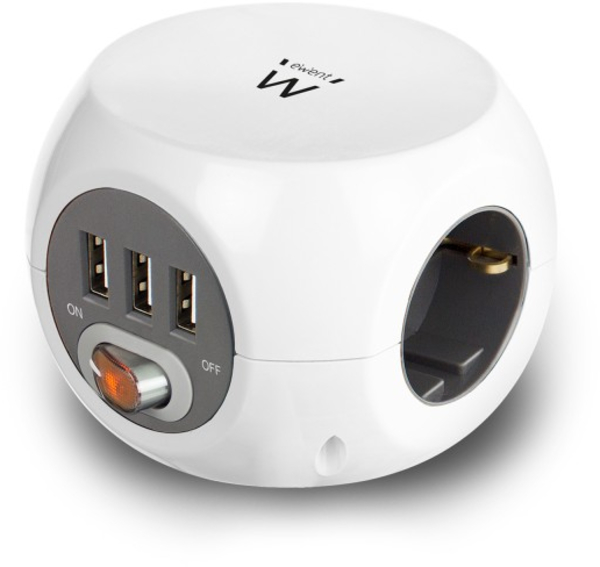 Ewent - Cubo Ewent 3 Tomadas + 3 Portas USB 2.4A c/ Cabo 1.5 M Branco