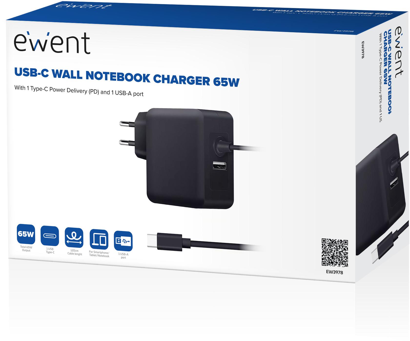 Ewent - Carregador de Portátil Ewent USB-C + 1-Porta USB-A PD 65W Preto