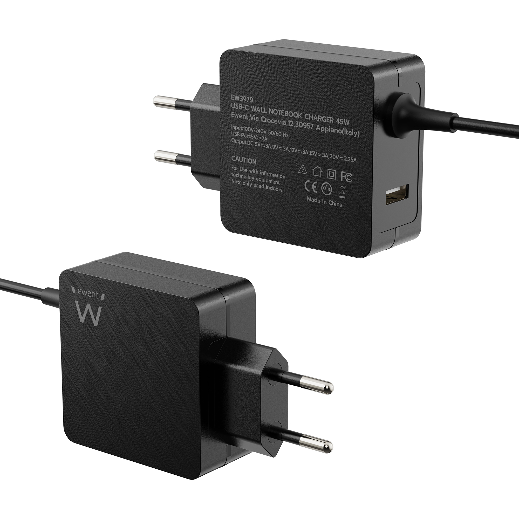 Ewent - Carregador de Portátil Ewent USB-C + 1-Porta USB-A PD 45W Preto