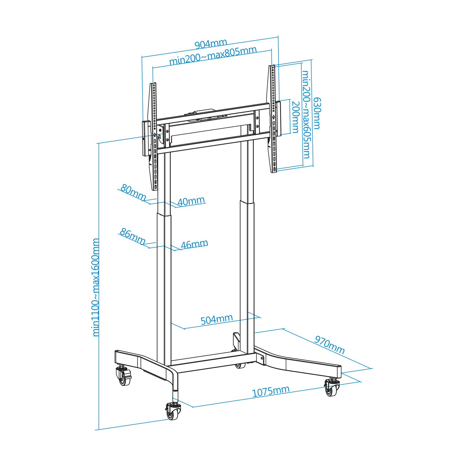 Tooq - Suporte Móvel Tooq LUX c/Ajuste Elétrico em Altura 55" a 100" Máx. 120Kg Preto