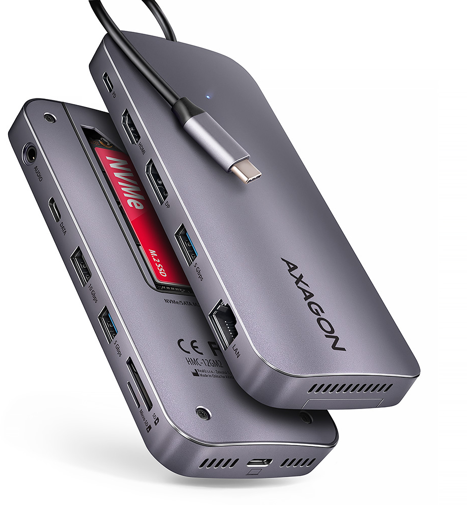 Picture of Picture of Multiport-Hub AXAGON HMC-12GM2 USB-C 3.2 Gen 2 hub w. M.2 SATA/NVMe + HDMI + DP + 3x USB-A + USB-C + RJ-45 + SD/mSD + audio + PD 100W