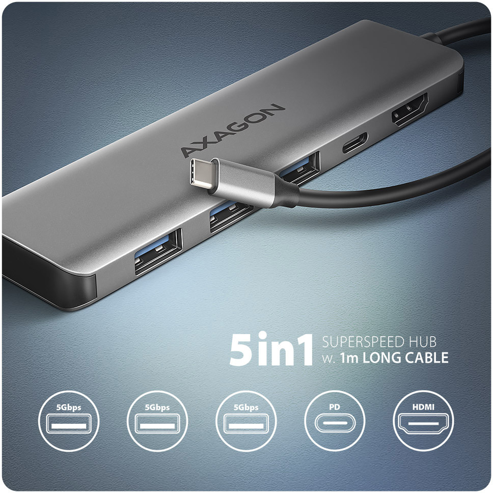 Picture of Picture of HUB USB-C AXAGON HMC-5H USB-C 3.2 Gen 1 hub, 3x USB-A, 4K HDMI, PD 100W
