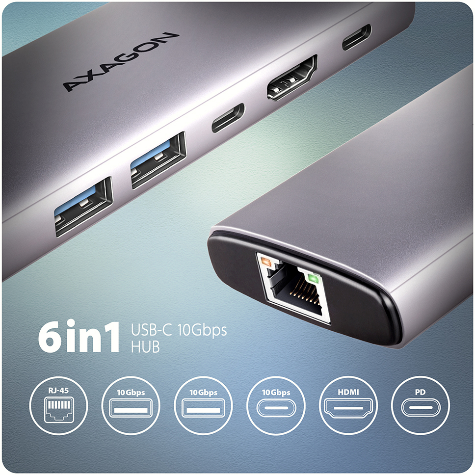 Picture of Picture of HUB USB-C AXAGON HMC-6G2L 2x USB-A 10Gbps, 1x USB-C 10Gbps, 4K/60Hz HDMI, RJ-45, USB 3.2 Gen 2 hub, PD 100W