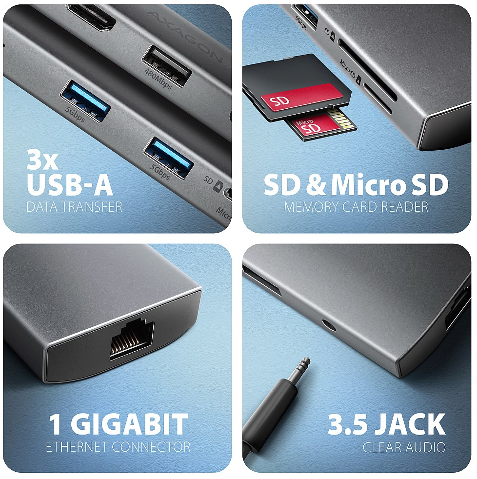 Picture of Picture of HUB USB-C AXAGON HMC-8HLSA USB-C 3.2 Gen 1 hub, 3x USB-A + 4K/30Hz HDMI + SD/microSD, GLAN, Audio, PD 100W