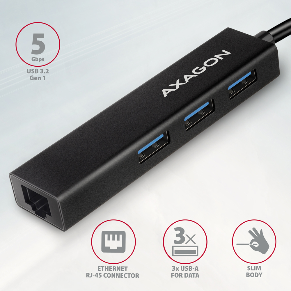 Picture of Picture of HUB USB-C AXAGON HMC-GL3A 3x USB-A + GLAN, USB 3.2 Gen 1 hub, metal