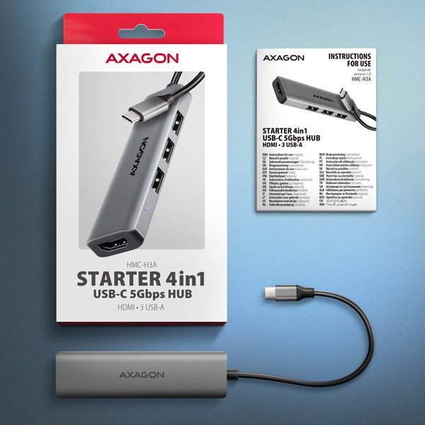 Picture of Picture of HUB AXAGON HMC-H3A 3x USB-A (2x USB2.0, 1x USB3.0) + HDMI 4K 30Hz, 3.2 Gen 1 , metal, 15cm USB-C cable
