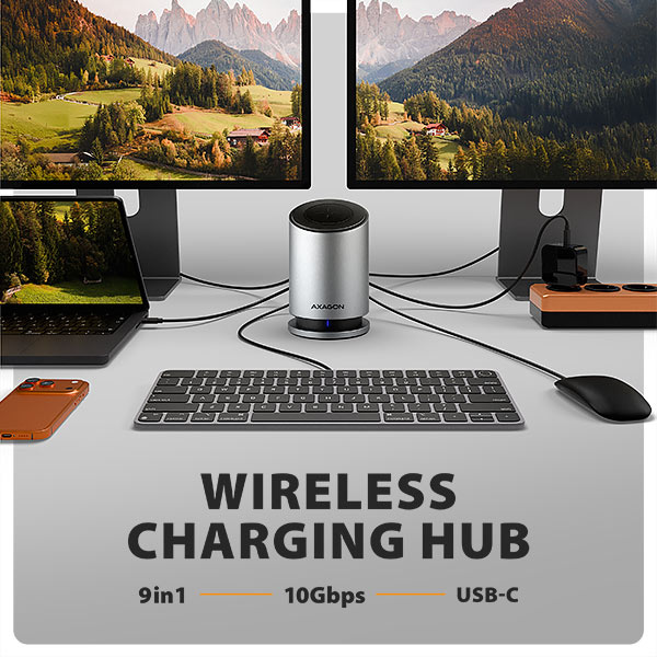 AXAGON - HUB AXAGON HMC-WL9 USB 10Gbps, Qi wireless charging, 3×USB-A, USB-C, HDMI & DisplayPort 4K/60Hz, RJ-45, PD 100W