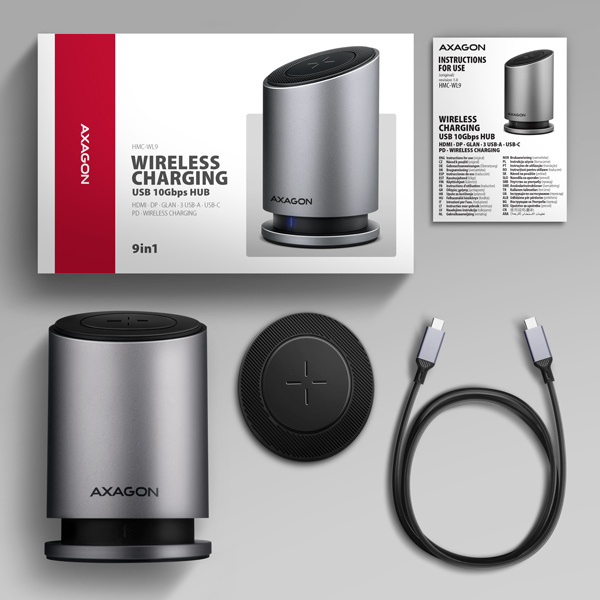 AXAGON - HUB AXAGON HMC-WL9 USB 10Gbps, Qi wireless charging, 3×USB-A, USB-C, HDMI & DisplayPort 4K/60Hz, RJ-45, PD 100W