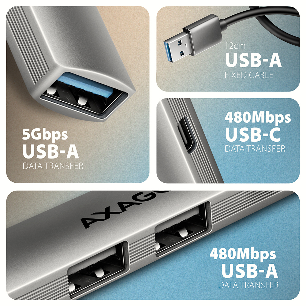 AXAGON - HUB USB AXAGON HUE-STA 1x USB-A 5Gbps + 2x USB-A + 1x USB-C, cabo USB-A 12 cm