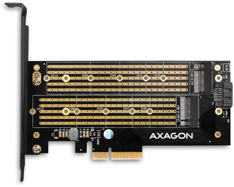 AXAGON - Adaptador PCIe-3.0 AXAGON PCEM2-D, 1x M.2-NVMe, 1x M.2-SATA com cooler passivo