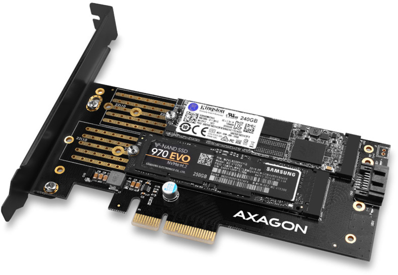 AXAGON - Adaptador PCIe-3.0 AXAGON PCEM2-D, 1x M.2-NVMe, 1x M.2-SATA com cooler passivo