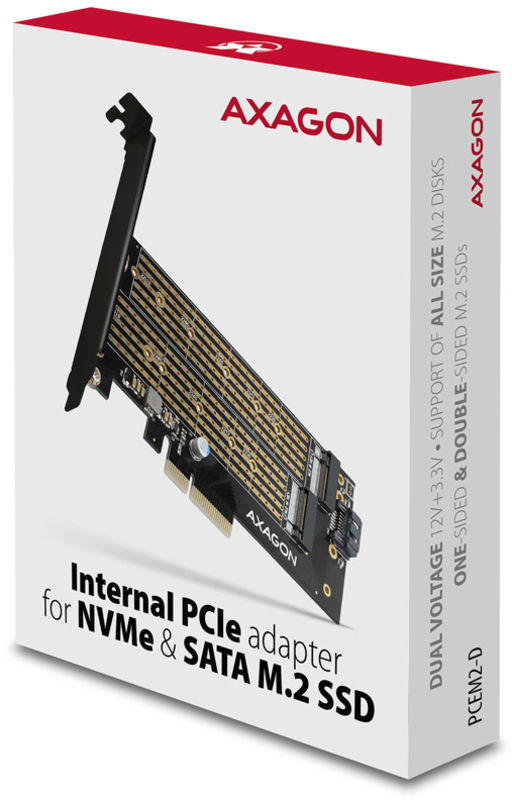 AXAGON - Adaptador PCIe-3.0 AXAGON PCEM2-D, 1x M.2-NVMe, 1x M.2-SATA com cooler passivo