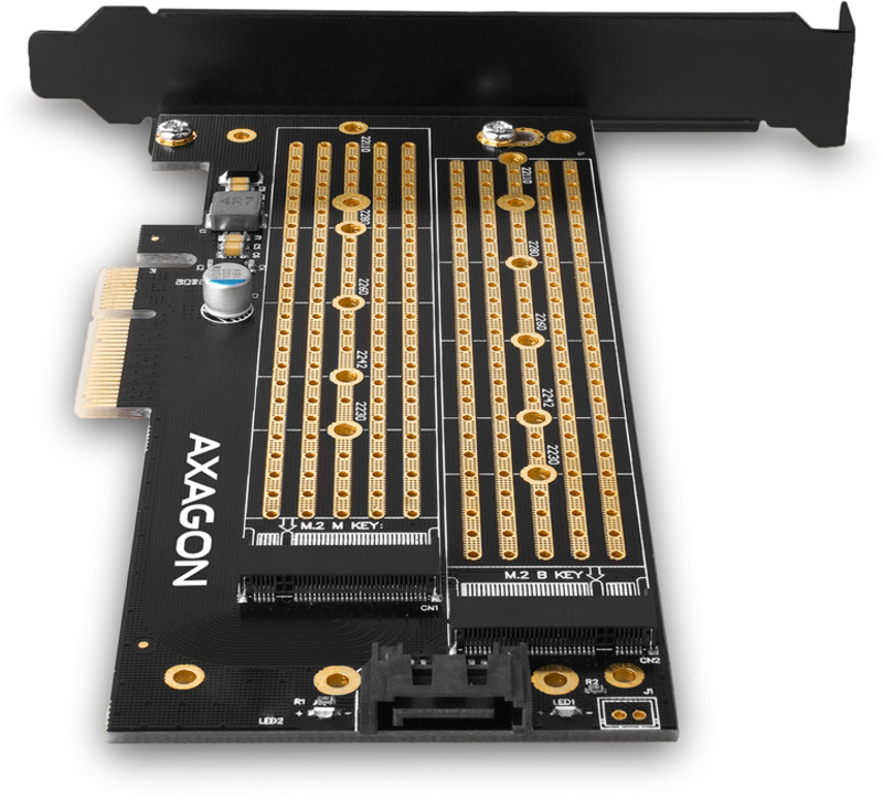 AXAGON - Adaptador PCIe-3.0 AXAGON PCEM2-D, 1x M.2-NVMe, 1x M.2-SATA com cooler passivo