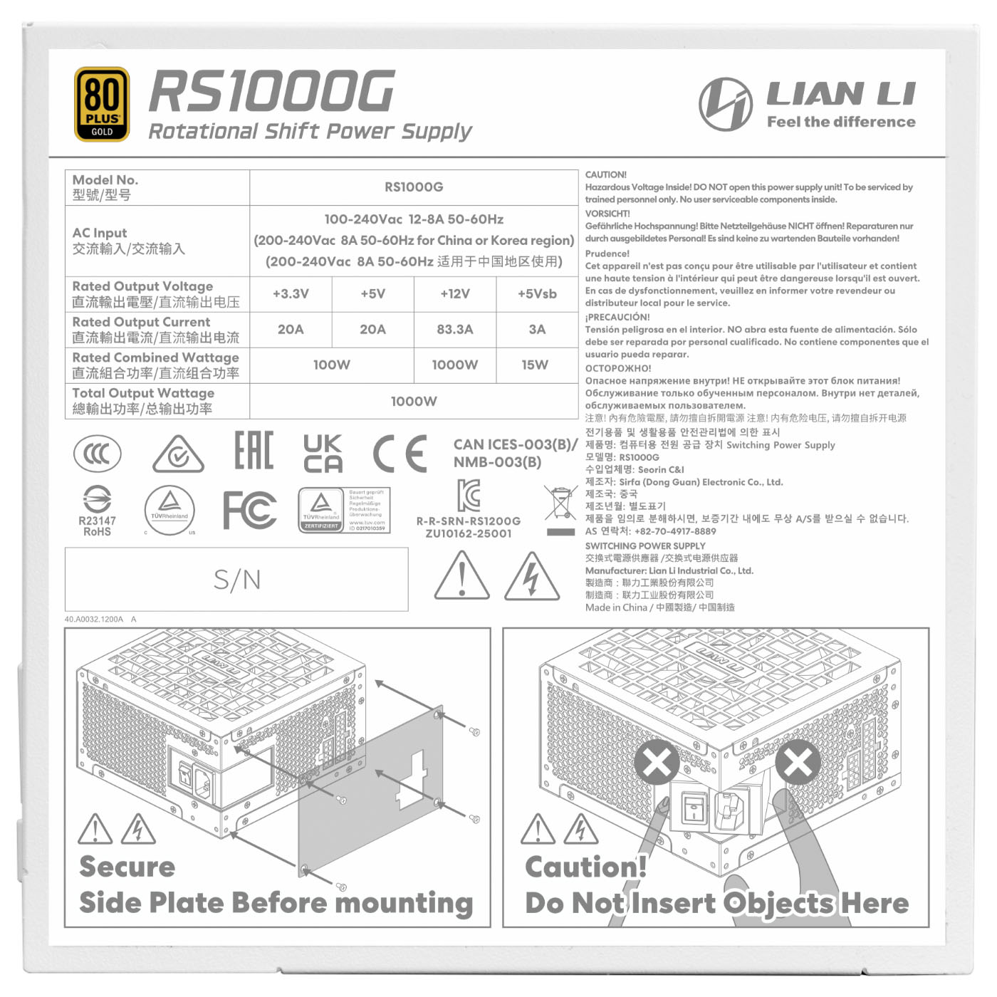 Lian Li - Fonte Modular Lian Li RS 1000W 80+ Gold Branco (S/Hub)