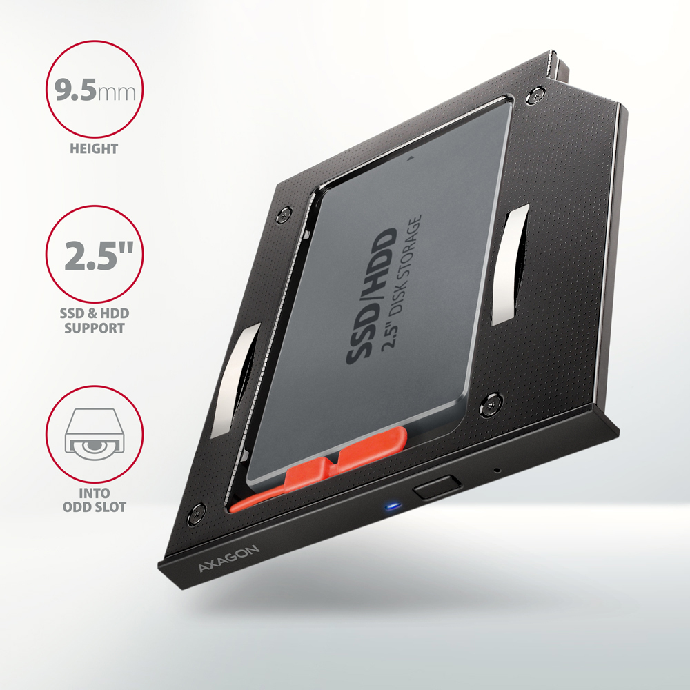 Picture of Picture of Adaptador Universal AXAGON RSS-CD09 2.5" SSD/HDD Caddy , 9,5 mm, LED, ALU