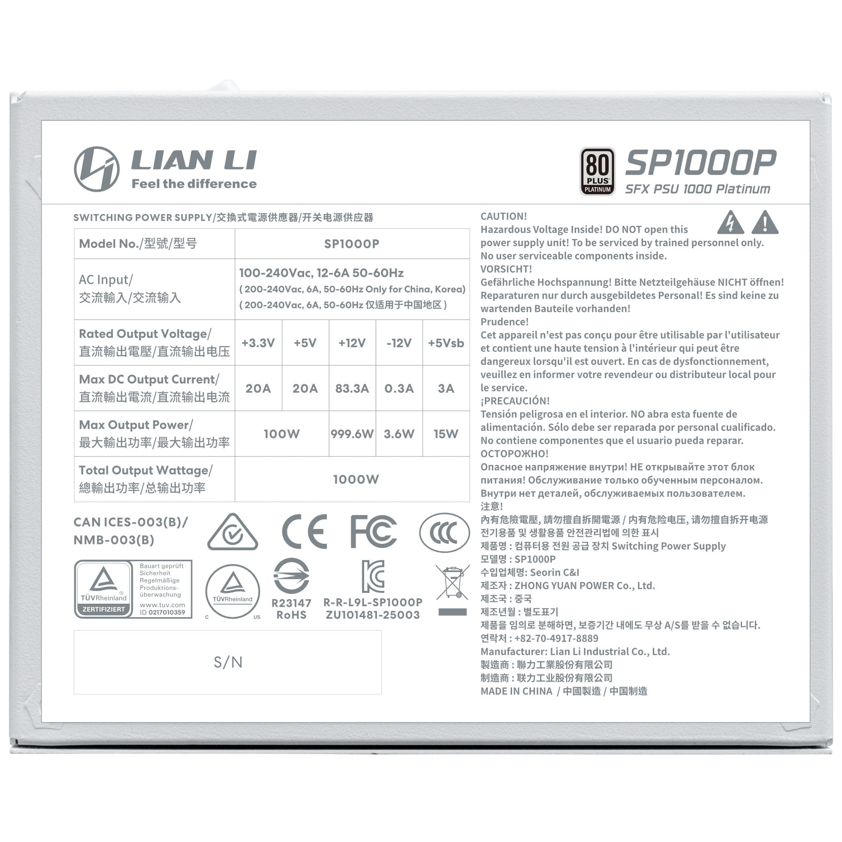 Lian Li - Fonte de Alimentação Lian Li SP Platinum 1000W White