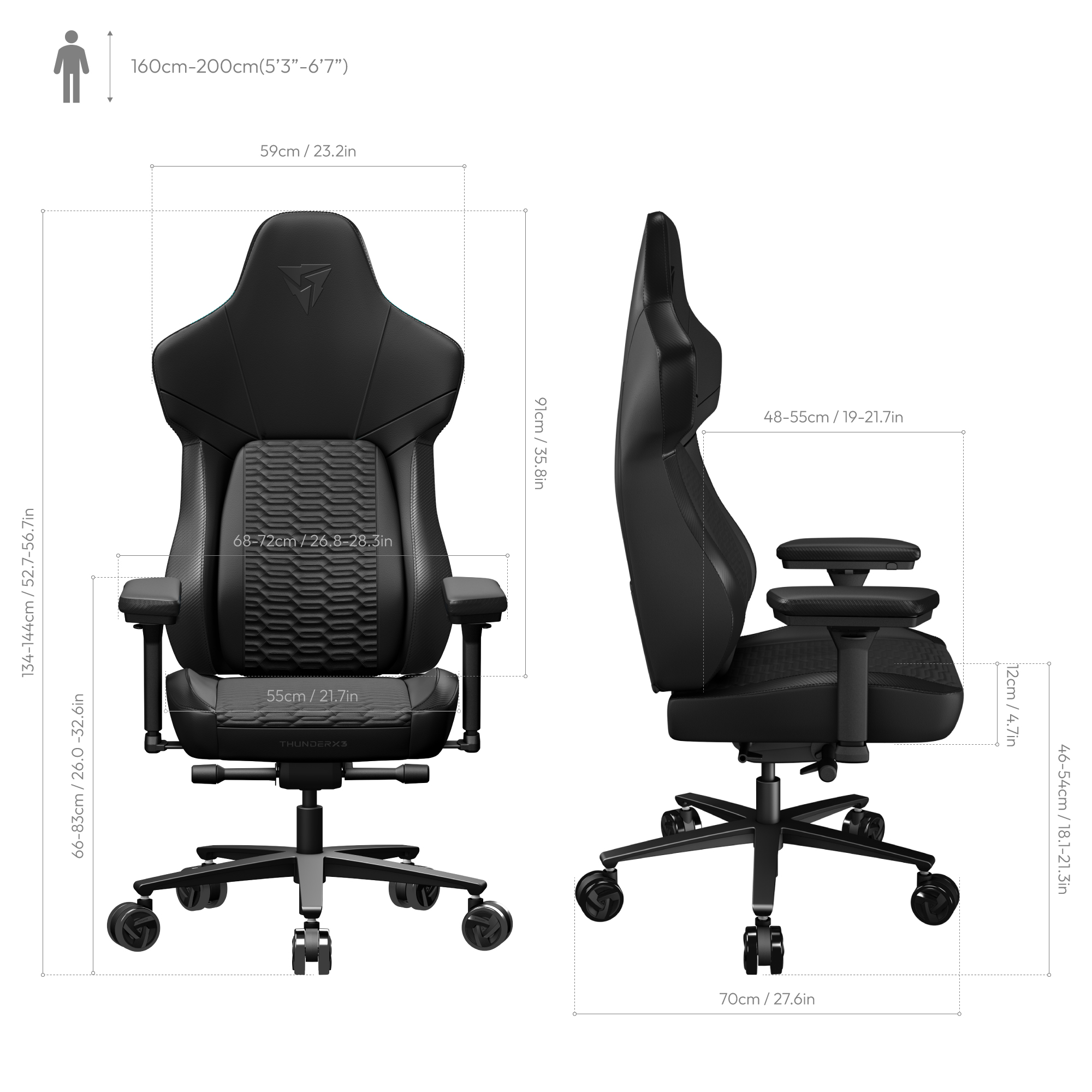 ThunderX3 - Cadeira Gaming ThunderX3 Core, Apoio lombar 360 graus - Racer Black