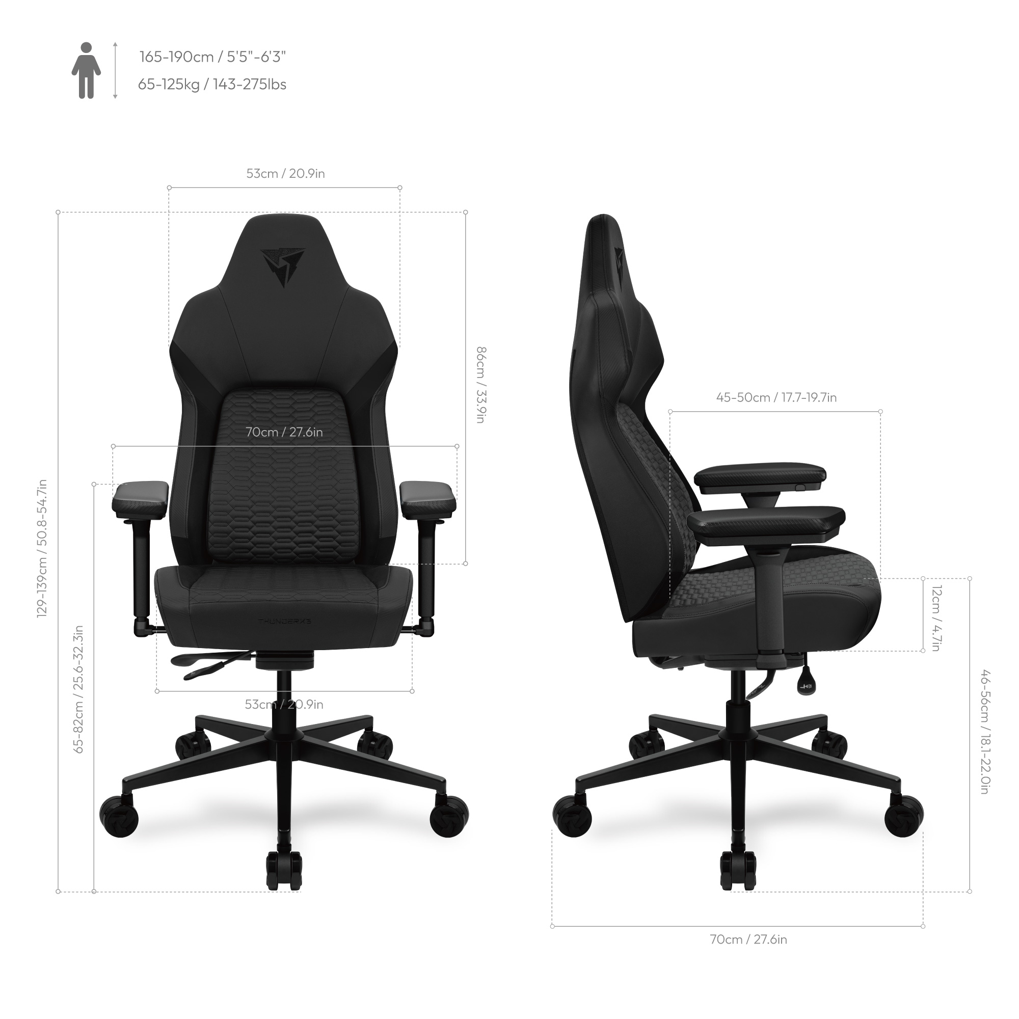 ThunderX3 - Cadeira Gaming ThunderX3 Core Smart, Apoio lombar 180 graus - Racer Black