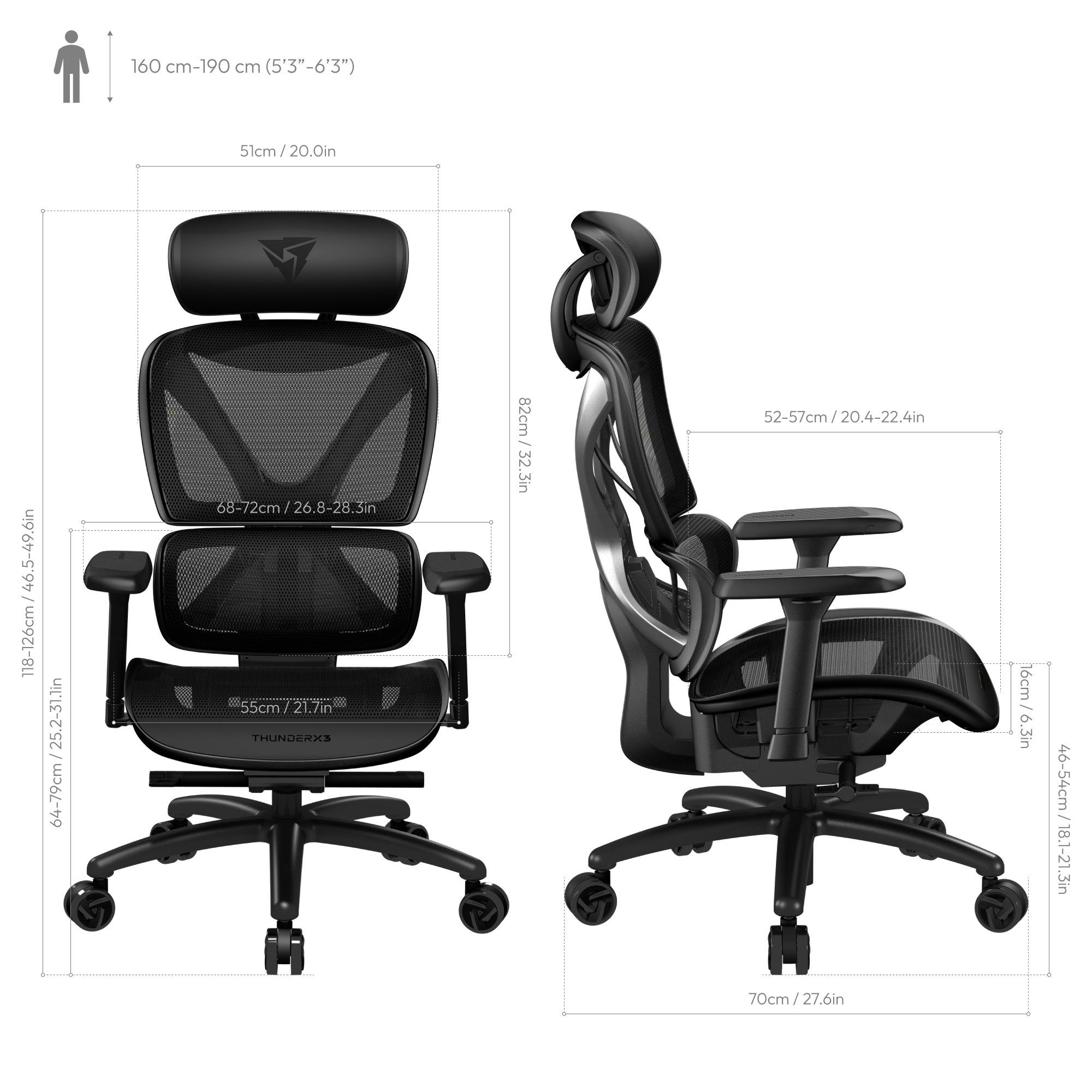 ThunderX3 - Cadeira Gaming Ergonomica ThunderX3 XTC - Preto/Preto