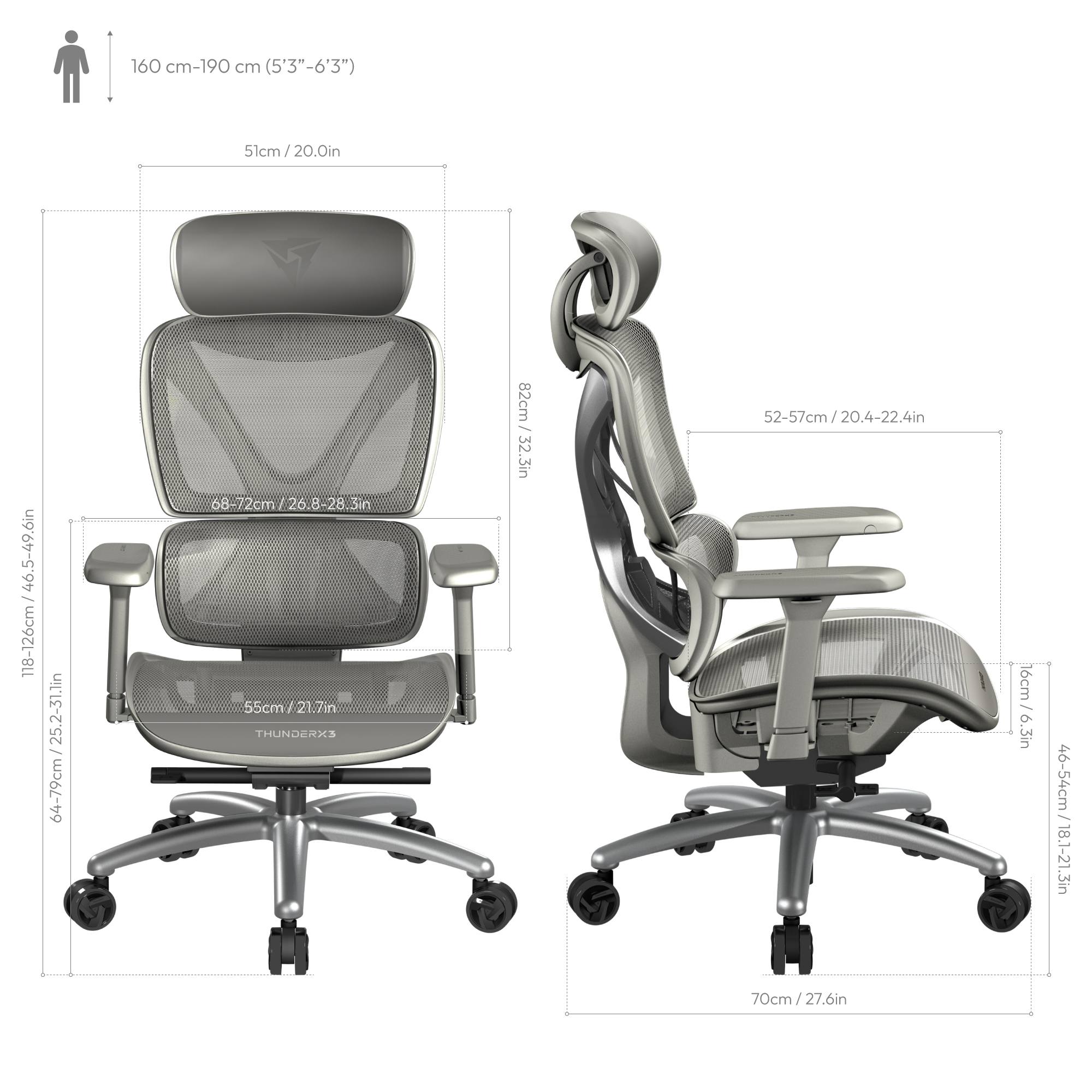 ThunderX3 - Cadeira Gaming Ergonomica ThunderX3 XTC - Cinza