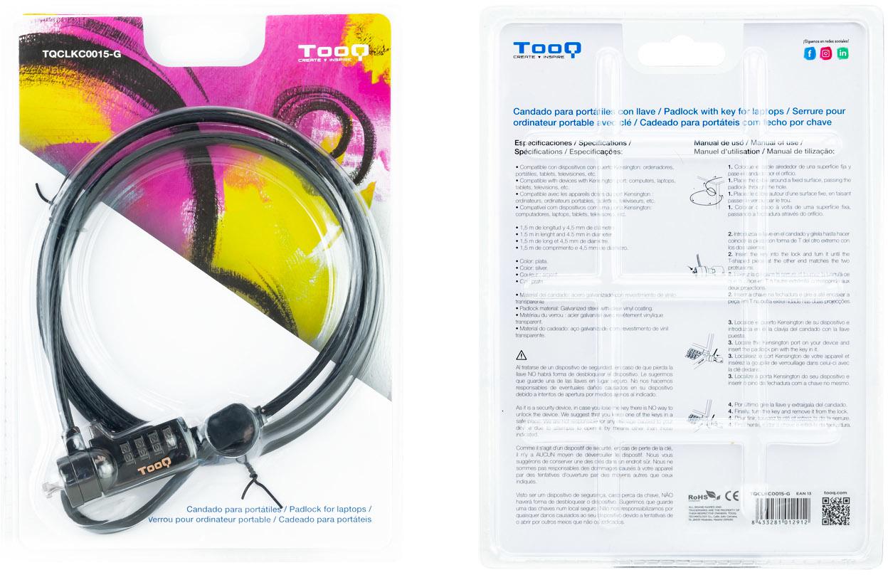 Tooq - Cabo de Segurança para Portátil com Combinação de 1,5 M Cinzento Escuro