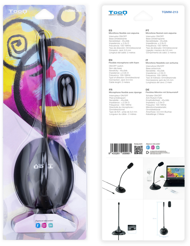 Tooq - Microfone multimédia flexível Conexão jack 3,5mm 2M Preto