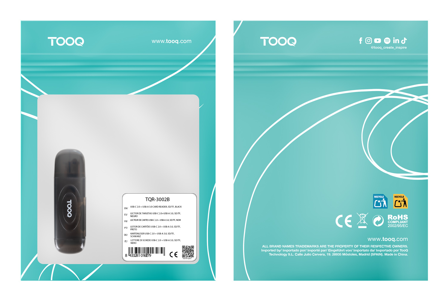 Tooq - Leitor de Cartões Tooq USB-A 3.0, SD/TF, Preto