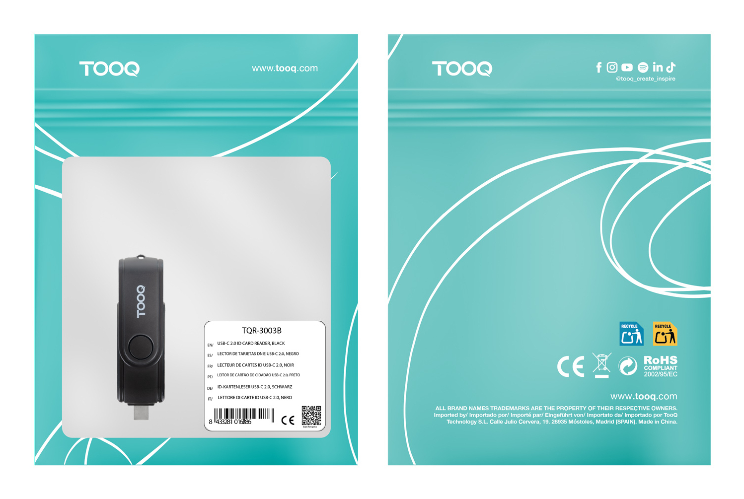Tooq - Leitor de Cartões Tooq USB-C 2.0+USB-A 3.0, SD/TF, Preto