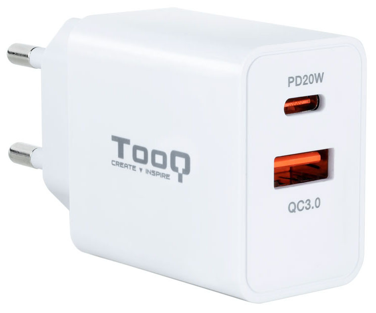Tooq - Carregador Tooq USB-C QC 3.0 (20W) + USB-A QC 3.0 (18W) Branco