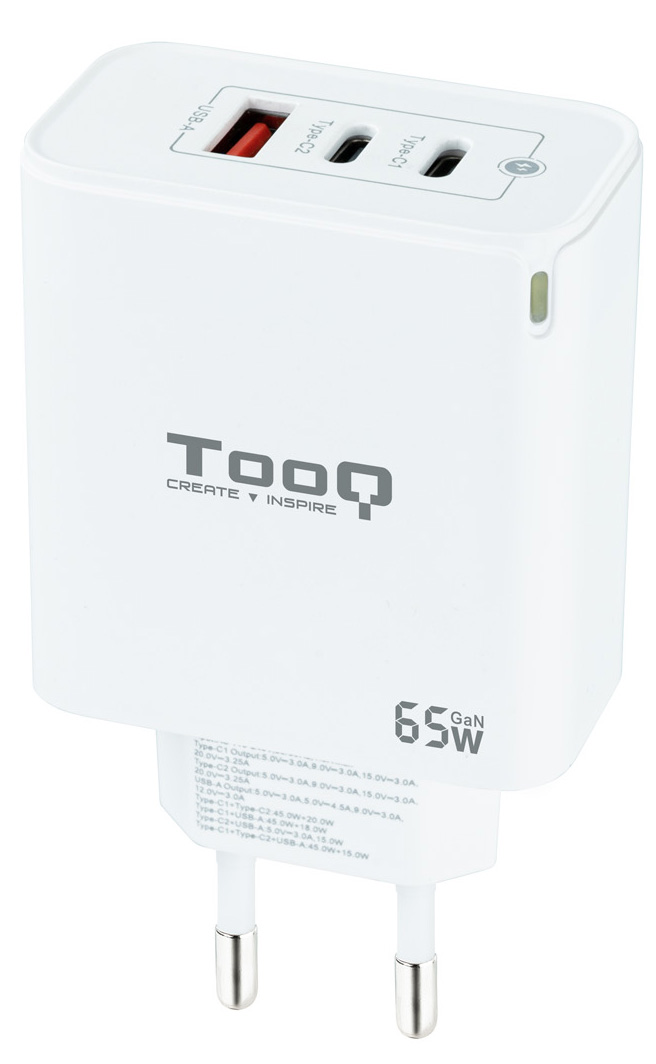 Tooq - Carregador GaN Tooq 2xUSB-C/PD 65W + USB-A/QC 65W