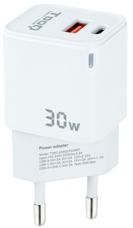 Tooq - Carregador GaN Tooq USB-C/PD 30W + USB-A/QC 30W