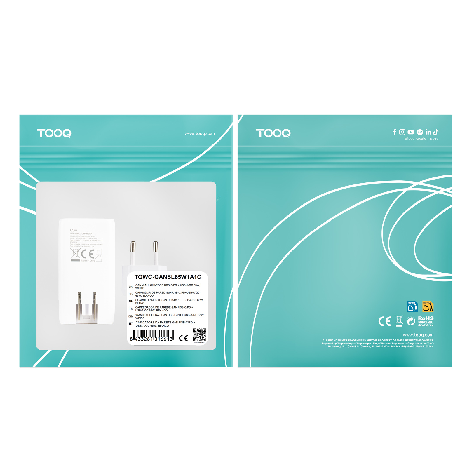 Tooq - Carregador Tooq GaN USB-C/PD+USB-A/QC 65W, Branco