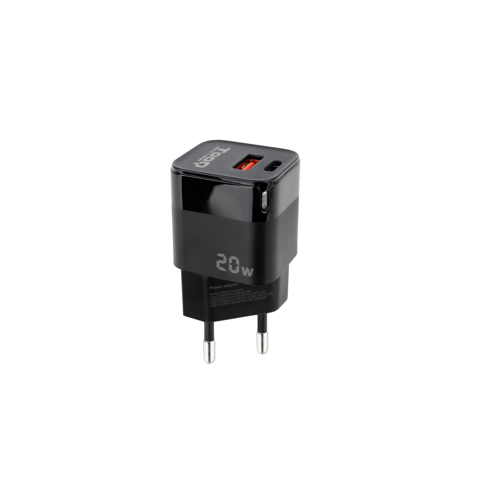 Picture of Picture of Carregador Tooq USB-C/PD 20W + USB-A/QC 20W Preto
