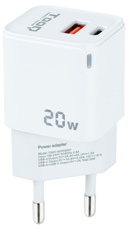 Tooq - Carregador Tooq USB-C/PD 20W + USB-A/QC 20W Branco