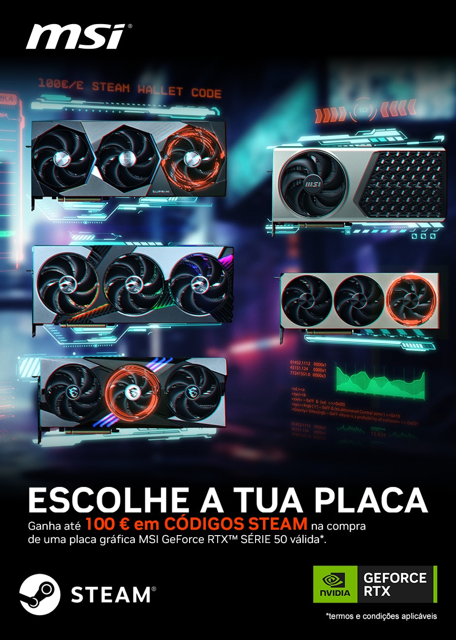 Ganha até 100€ em Códigos Steam na compra de uma Placa Gráfica MSI GeForce RTX Série 50 Picture of Ganha até 100€ em Códigos Steam na compra de uma Placa Gráfica MSI GeForce RTX Série 50