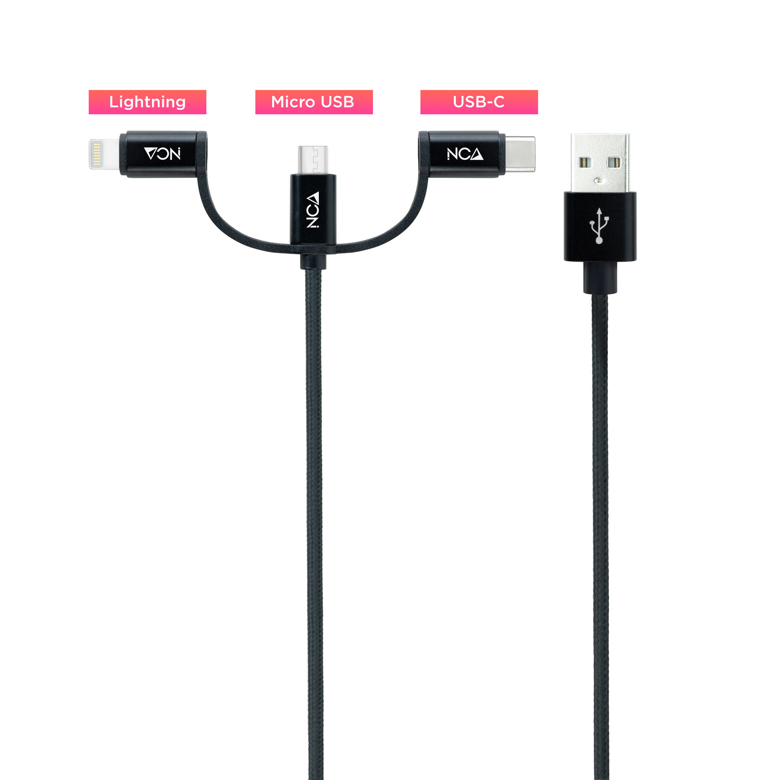 Nanocable - Cabo USB 3 em 1 Nanocable USB-A > 1x USB-C + 1x Micro-USB + 1x Lightning 1 M Preto