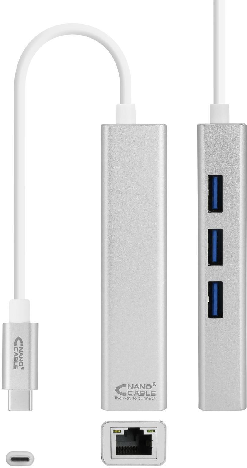 ** B Grade ** Adaptador Gigabit Nanocable USB-C a Ethernet Gigabit 10/100/1000 Mbps / 3x USB 3.0 15 CM Prateado