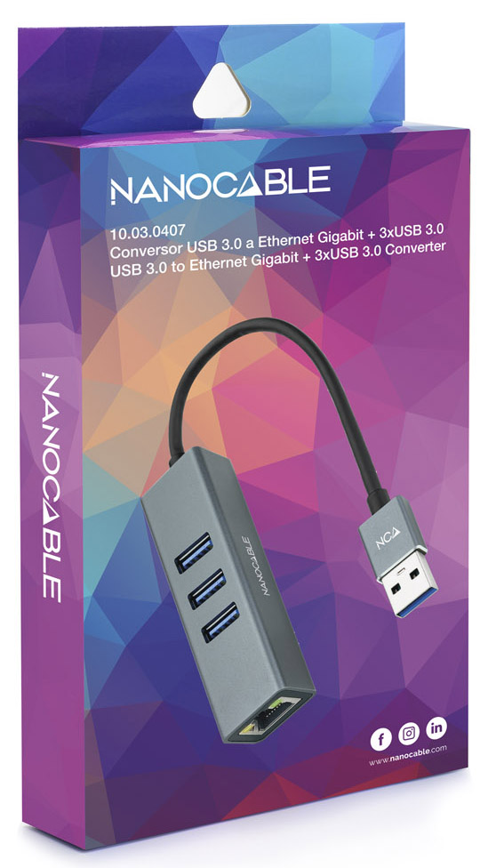 Nanocable - Adaptador Gigabit Nanocable USB 3.0 a Ethernet Gigabit 10/100/1000 Mbps / 3x USB 3.0 15 CM Cinza