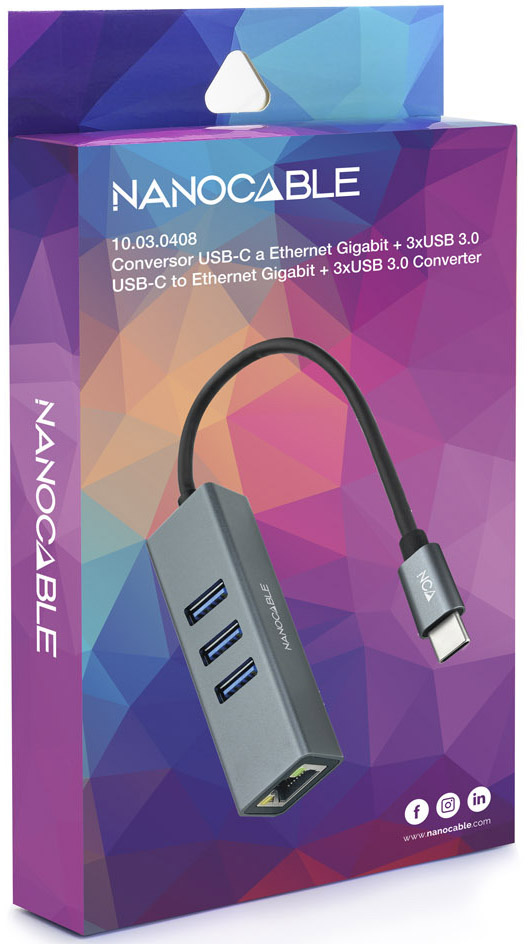 Nanocable - Adaptador Gigabit Nanocable USB-C a Ethernet Gigabit 10/100/1000 Mbps / 3x USB 3.0 15 CM Cinza