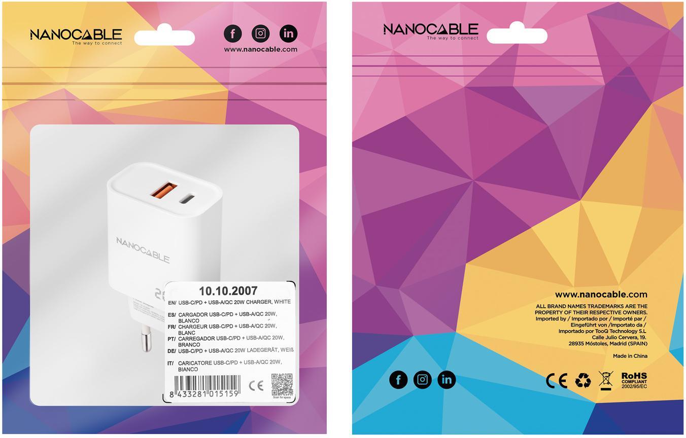 Nanocable - Carregador Nanocable USB-C/PD + USB-A/QC 20W Branco