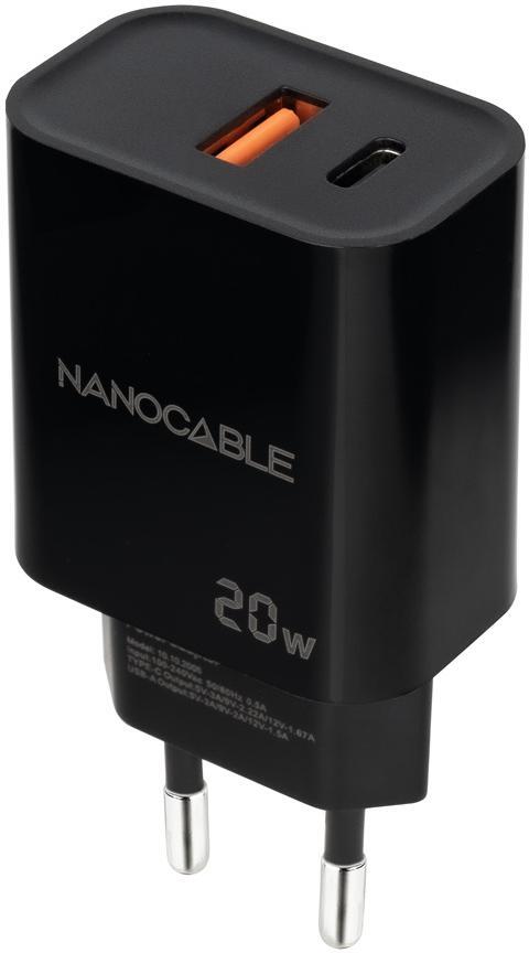 Nanocable - Carregador Nanocable USB-C/PD + USB-A/QC 20W Preto